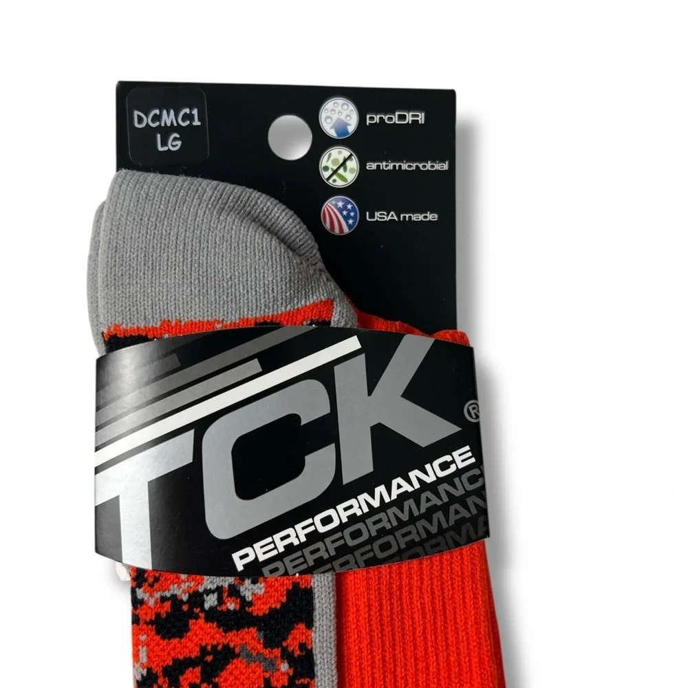 TCK Performance Orange Gray Digital Camo Crew Socks Size‎ Large New 3 Pair